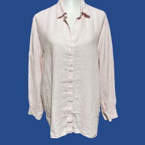 J Jill Top Womens XL Linen Pink Red Pinstripe Button Up Tunic Classic Preppy